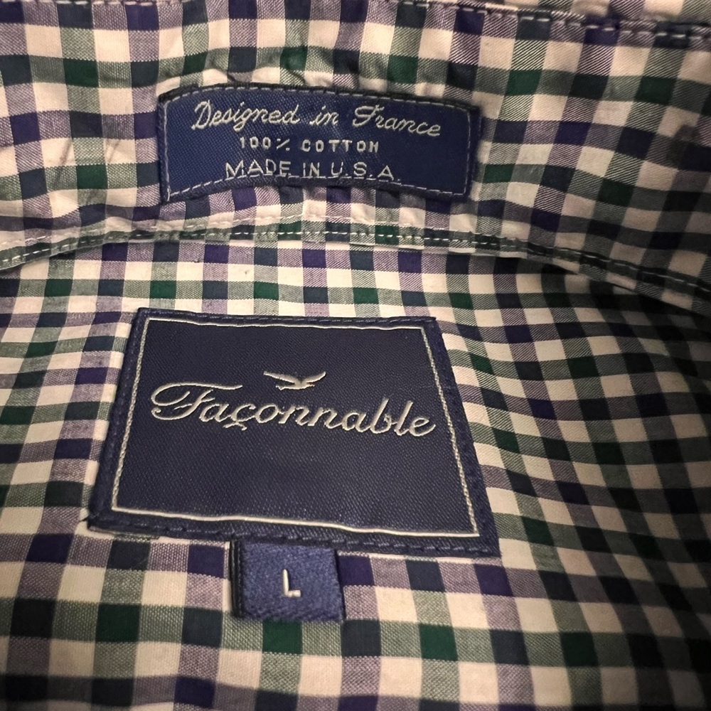 Facconable Men’s Large Purple Green Checkered Casual Short Sleeve Button Down - Picture 2 of 9